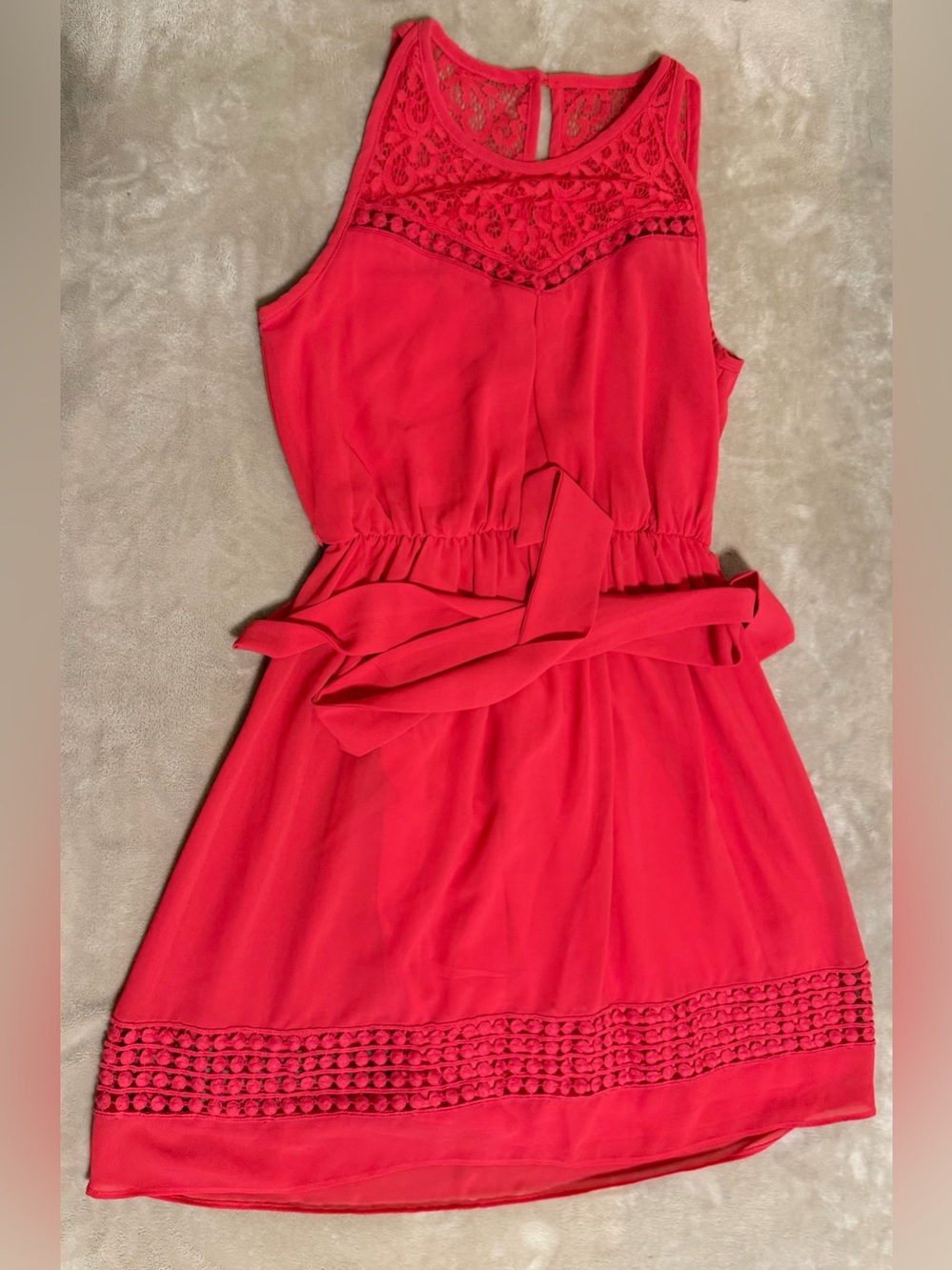 Iz Byer Bright Red Lace Yoke Belted Sundress